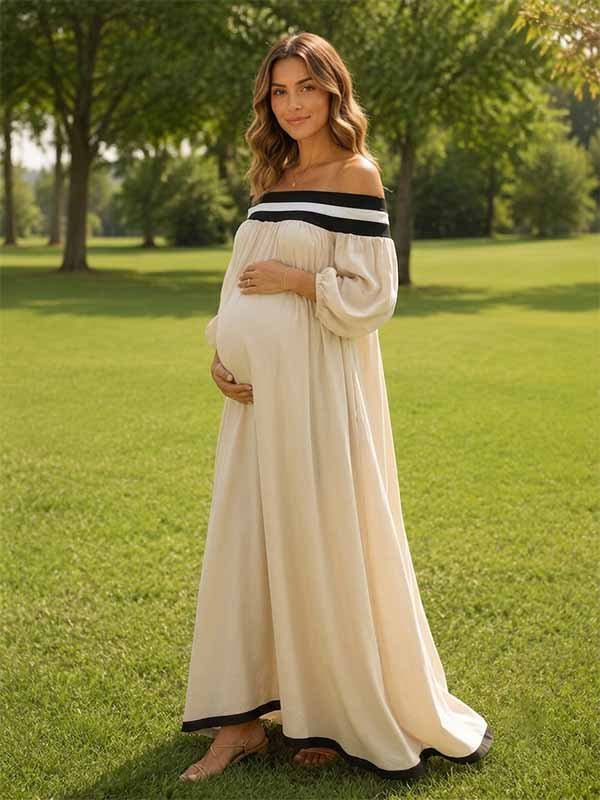 Momyknows Boho Vacation Beige Color Blocking Outline Off Shoulder Flowy Photoshoot Maternity Maxi Dress - Beige - 3