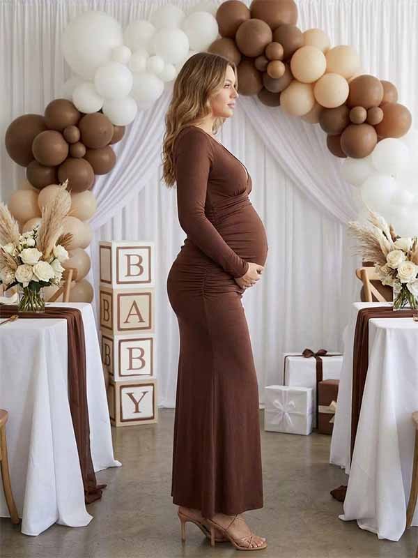 Momyknows Elegant Brown Ruched Bodycon Mermaid Back Slit Baby Shower Maternity Maxi Dress - Brown - 2