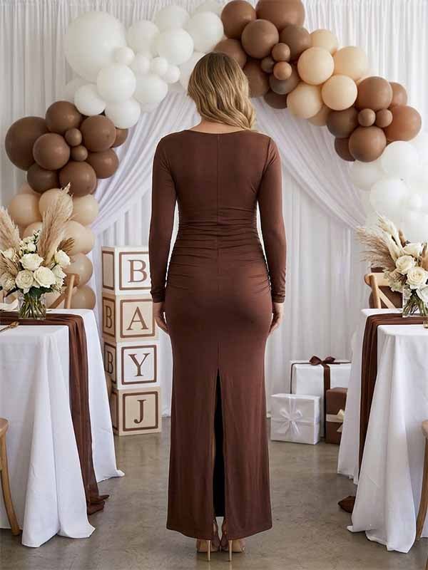 Momyknows Elegant Brown Ruched Bodycon Mermaid Back Slit Baby Shower Maternity Maxi Dress - Brown - 3