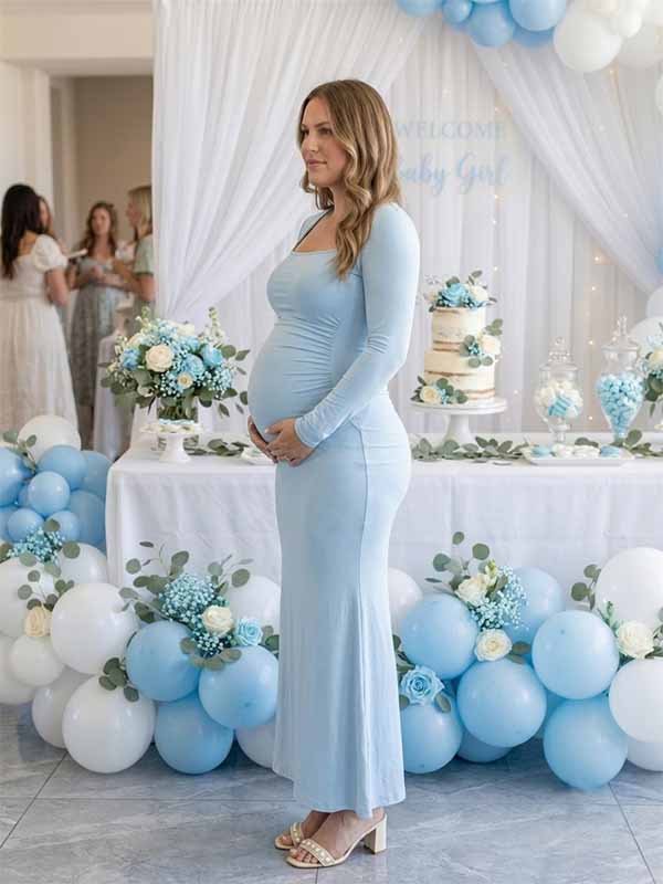 Momyknows Elegant Ruched Bodycon Mermaid Baby Shower Maternity Maxi Dress - Blue - 2