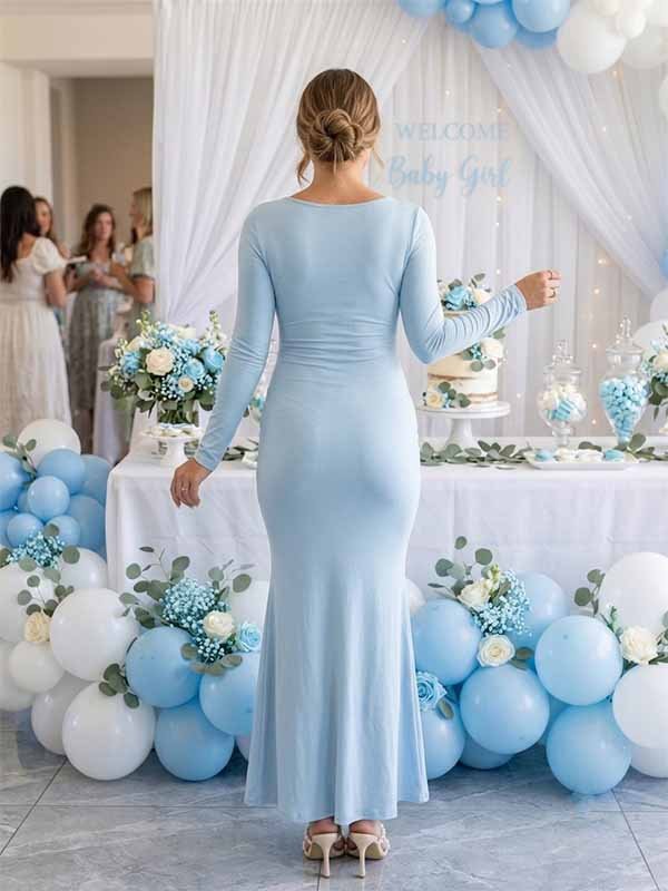 Momyknows Elegant Ruched Bodycon Mermaid Baby Shower Maternity Maxi Dress - Blue - 3