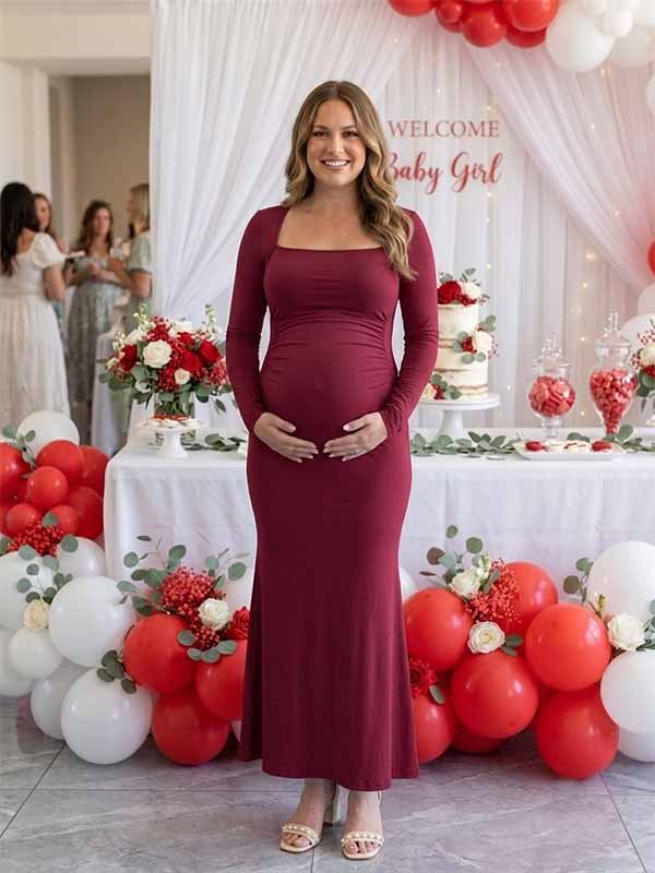 Momyknows Elegant Ruched Bodycon Mermaid Baby Shower Maternity Maxi Dress - Wine Red - 4