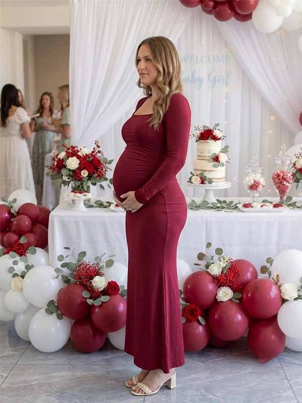 Momyknows Elegant Ruched Bodycon Mermaid Baby Shower Maternity Maxi Dress - Wine Red - 5
