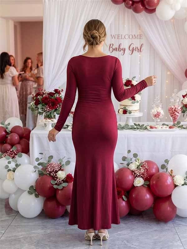 Momyknows Elegant Ruched Bodycon Mermaid Baby Shower Maternity Maxi Dress