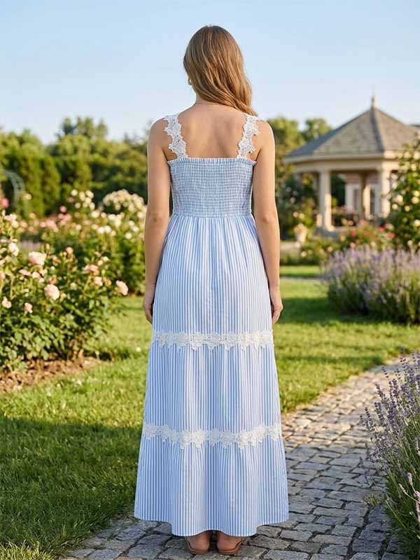 Momyknows Daily Blue Striped Lace Shirring A-Line Vacation Maternity Maxi Dress - Blue - 3