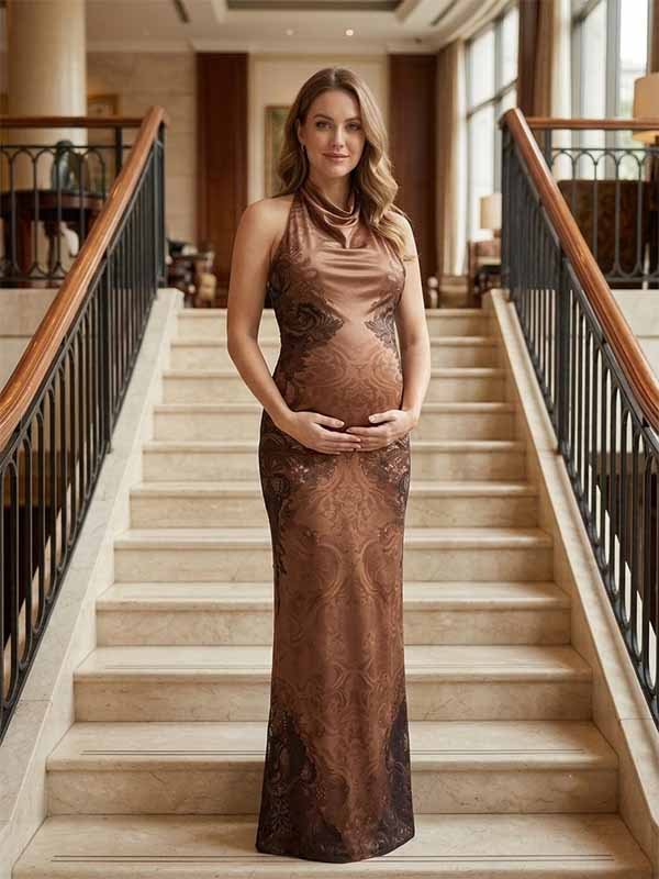 Momyknows Chic Brown Tribal Floral Backless Tie Back Bodycon Halter Neck Baby Shower Maternity Maxi Dress - Brown - 2