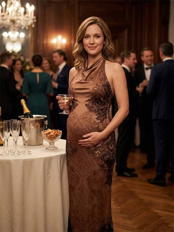 Momyknows Chic Brown Tribal Floral Backless Tie Back Bodycon Halter Neck Baby Shower Maternity Maxi Dress - Brown - 4