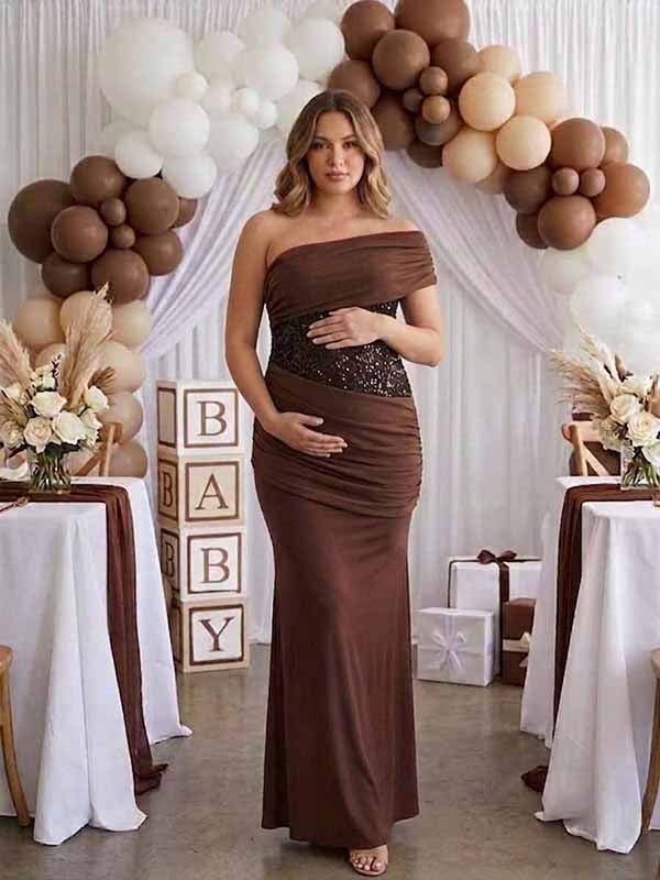 Momyknows Chic Brown Sequin Oblique Shoulder Ruched Tie Back Bodycon Mermaid Baby Shower Maternity Maxi Dress - Brown - 2