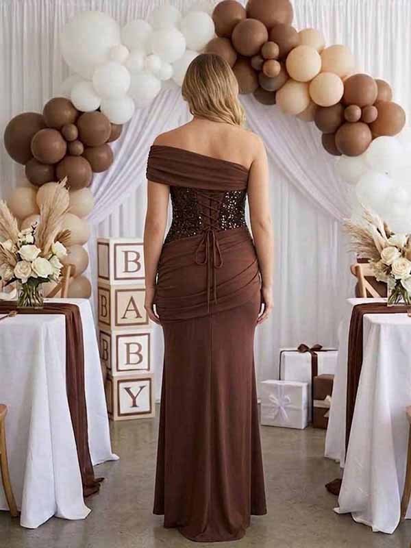 Momyknows Chic Brown Sequin Oblique Shoulder Ruched Tie Back Bodycon Mermaid Baby Shower Maternity Maxi Dress - Brown - 3