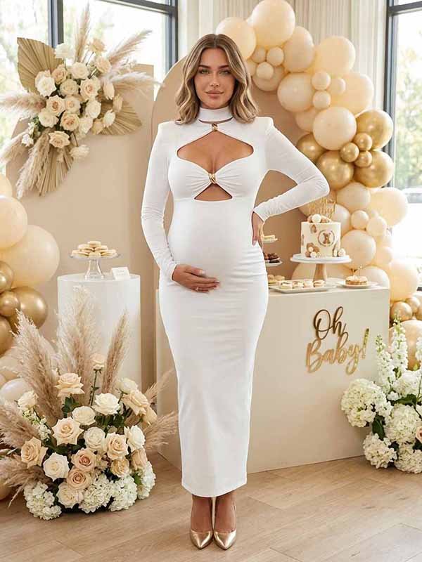 Momyknows Chic White Bodycon Cut Out Studded Baby Shower Maternity Maxi Dress - White - 1