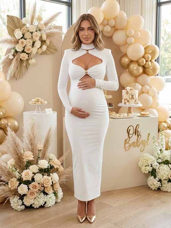 Momyknows Chic White Bodycon Cut Out Studded Baby Shower Maternity Maxi Dress - White - 2