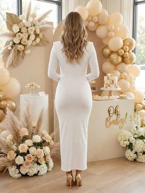Momyknows Chic White Bodycon Cut Out Studded Baby Shower Maternity Maxi Dress - White - 3