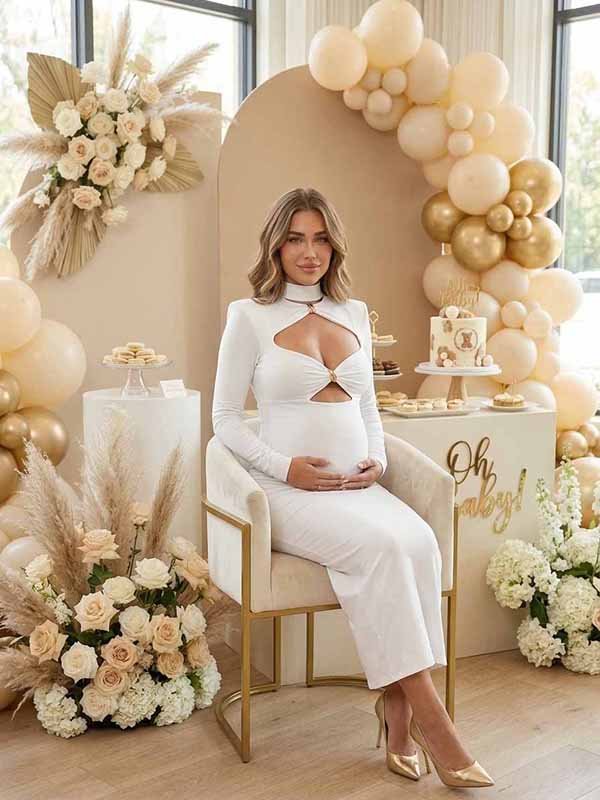 Momyknows Chic White Bodycon Cut Out Studded Baby Shower Maternity Maxi Dress - White - 4