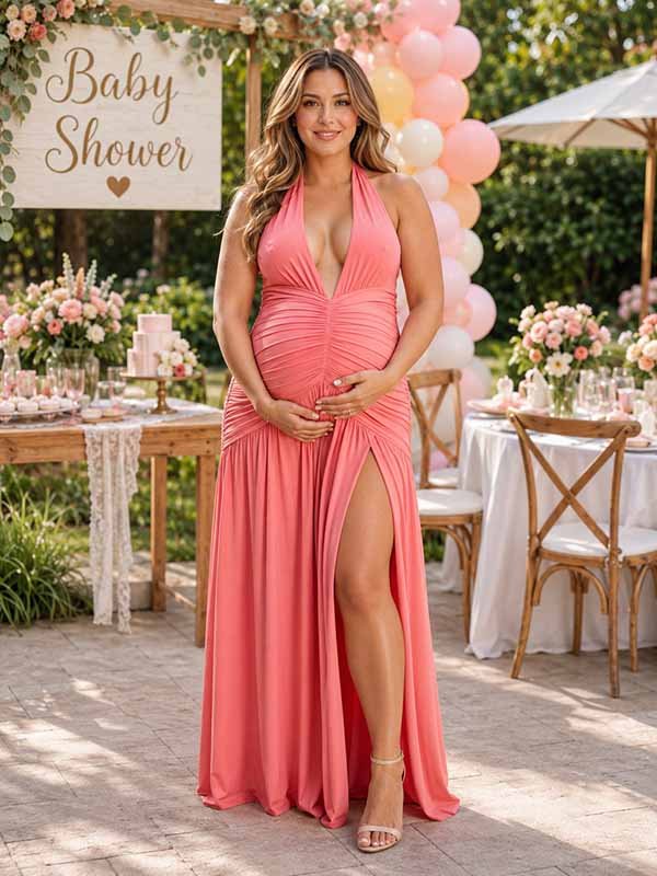 Momyknows Chic Pink Ruched Side Slit Halter Neck Backless Baby Shower Maternity Maxi Dress - Pink - 1