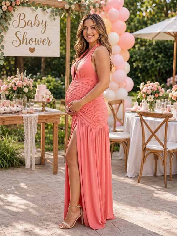Momyknows Chic Pink Ruched Side Slit Halter Neck Backless Baby Shower Maternity Maxi Dress - Pink - 2