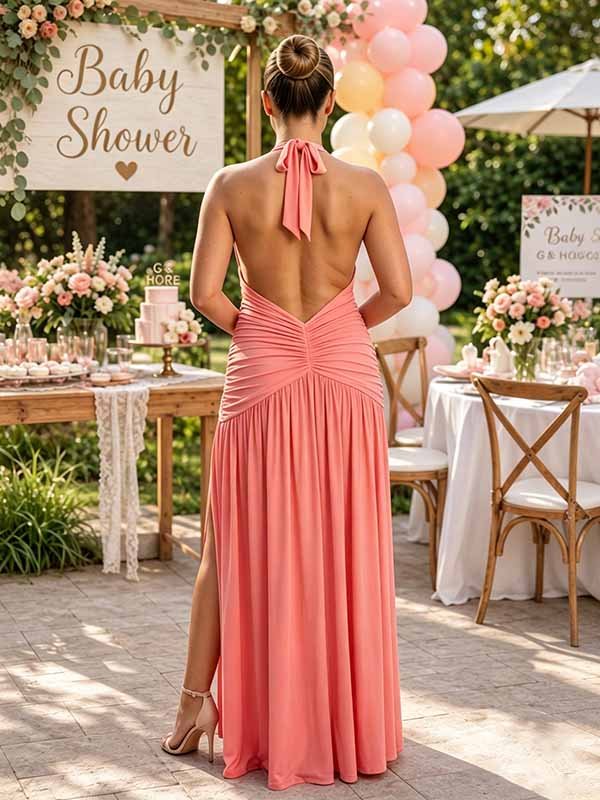 Momyknows Chic Pink Ruched Side Slit Halter Neck Backless Baby Shower Maternity Maxi Dress - Pink - 3