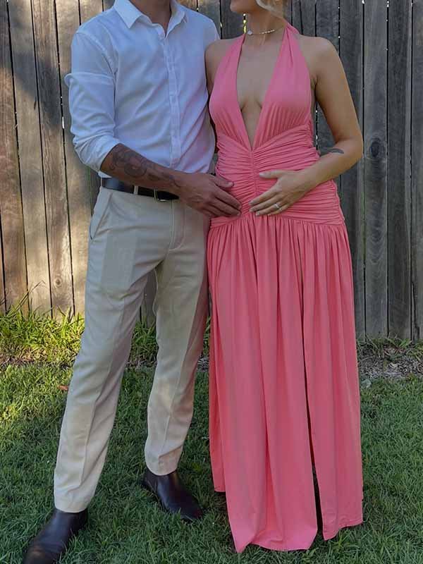Momyknows Chic Pink Ruched Side Slit Halter Neck Backless Baby Shower Maternity Maxi Dress - Pink - 5