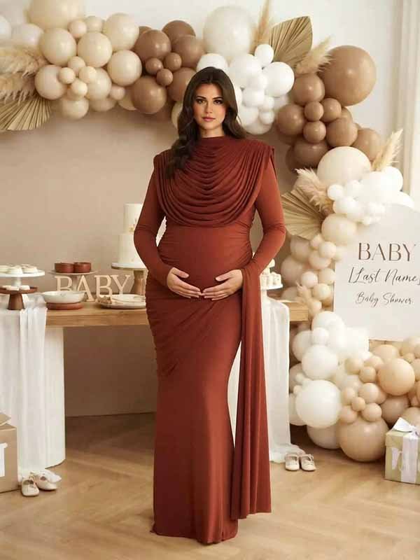 Momyknows Chic Brown Mesh Ruched Irregular Bodycon Mermaid Baby Shower Maternity Maxi Dress - Brown - 2