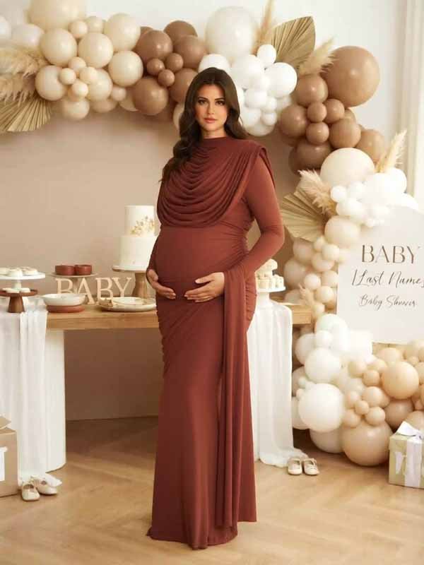 Momyknows Chic Brown Mesh Ruched Irregular Bodycon Mermaid Baby Shower Maternity Maxi Dress - Brown - 3