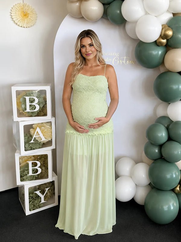 Momyknows Green Elegant 3D Flowers Lace Spaghetti Strap Baby Shower Maternity Maxi Dress - Green - 1