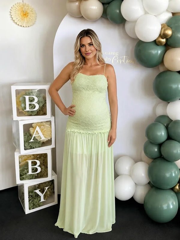 Momyknows Green Elegant 3D Flowers Lace Spaghetti Strap Baby Shower Maternity Maxi Dress - Green - 2