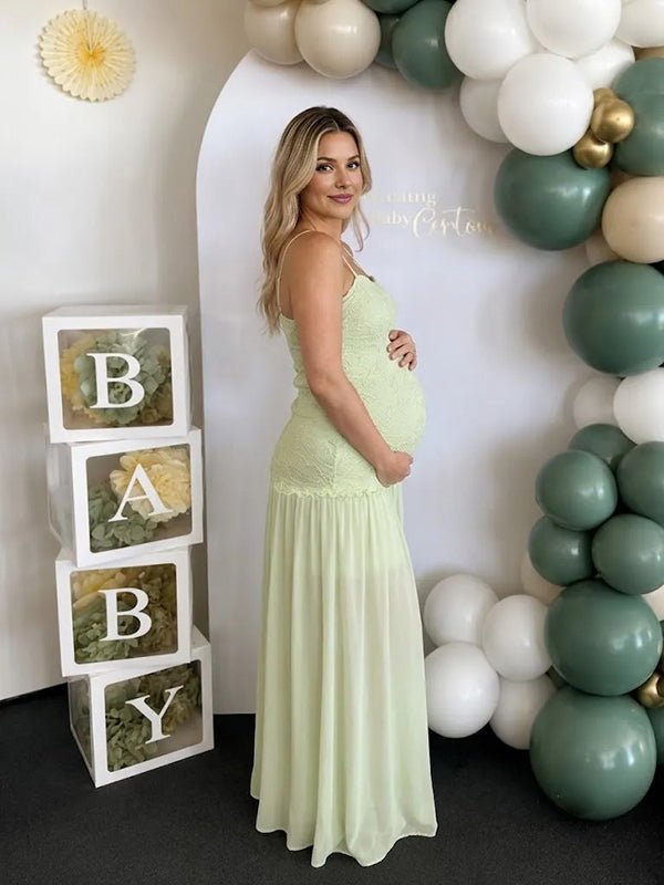 Momyknows Green Elegant 3D Flowers Lace Spaghetti Strap Baby Shower Maternity Maxi Dress - Green - 3