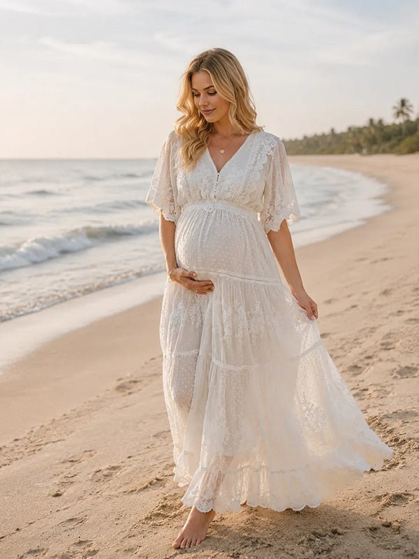 Momyknows White Elegant Lace Falbala Polka Dot Maternity Photoshoot Maxi Dress - White - 1