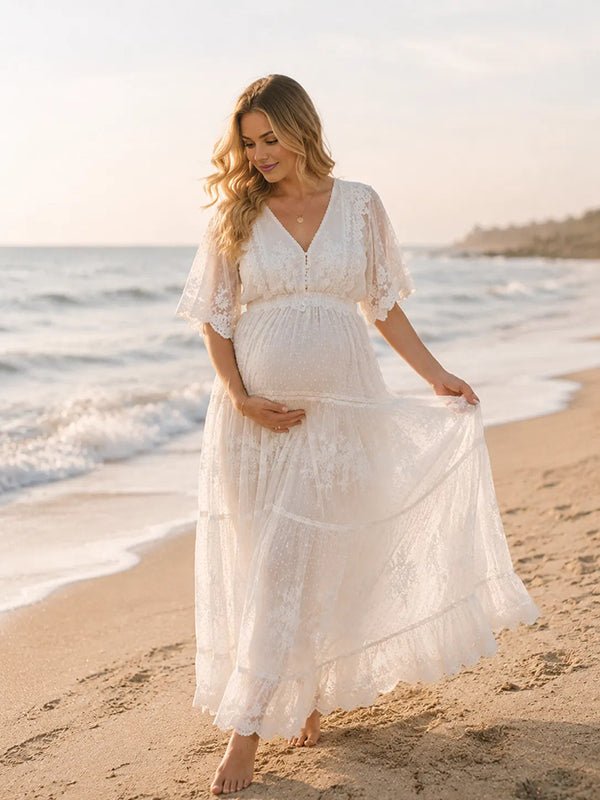 Momyknows White Elegant Lace Falbala Polka Dot Maternity Photoshoot Maxi Dress - White - 2