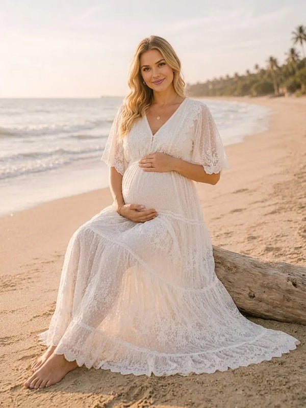 Momyknows White Elegant Lace Falbala Polka Dot Maternity Photoshoot Maxi Dress - White - 3