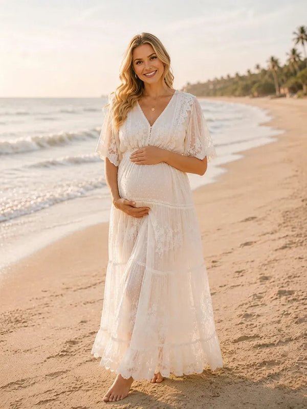Momyknows White Elegant Lace Falbala Polka Dot Maternity Photoshoot Maxi Dress - White - 4
