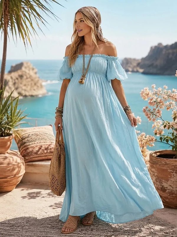 Momyknows Blue Elegant Off Shoulder Falbala Puff Sleeve Maternity Maxi Dress - Blue - 3
