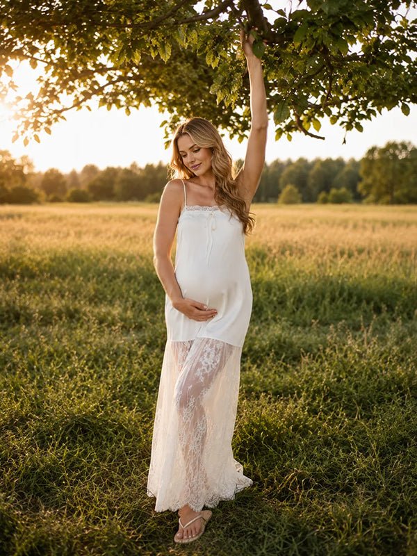 Momyknows White Elegant Splicing Lace Lace Up Maternity Photoshoot Maxi Dress - White - 1