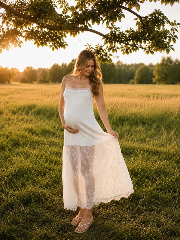 Momyknows White Elegant Splicing Lace Lace Up Maternity Photoshoot Maxi Dress - White - 2
