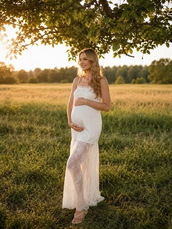 Momyknows White Elegant Splicing Lace Lace Up Maternity Photoshoot Maxi Dress - White - 3