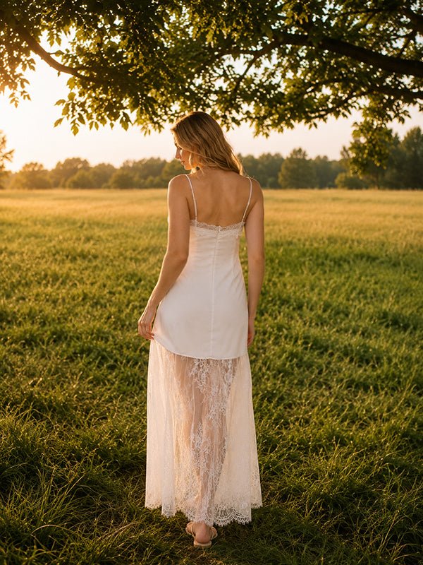Momyknows White Elegant Splicing Lace Lace Up Maternity Photoshoot Maxi Dress - White - 4