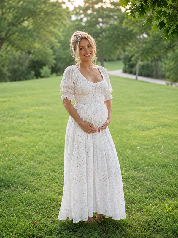 Momyknows White Cute Lace Up Polka Dot Falbala Maternity Maxi Dress - White - 2