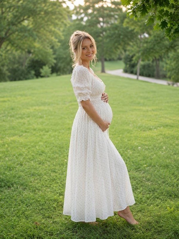 Momyknows White Cute Lace Up Polka Dot Falbala Maternity Maxi Dress - White - 3
