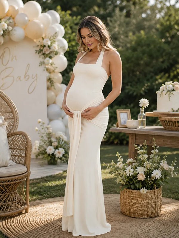 Momyknows Apricot Elegant Halter Neck Draped Hem Baby Shower Maternity Maxi Dress - Apricot - 3