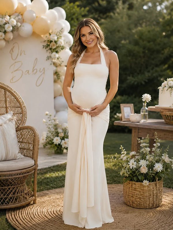 Momyknows Apricot Elegant Halter Neck Draped Hem Baby Shower Maternity Maxi Dress - Apricot - 1