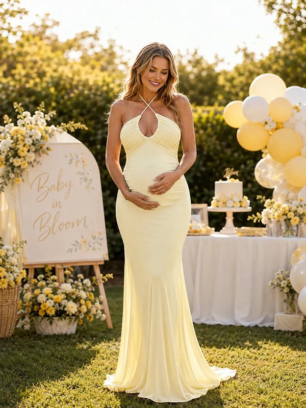 Momyknows Yellow Elegant Halter Neck Lace Up Backless Baby Shower Maternity Maxi Dress - Yellow - 1