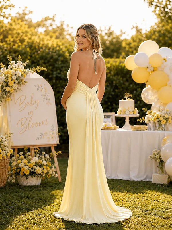 Momyknows Yellow Elegant Halter Neck Lace Up Backless Baby Shower Maternity Maxi Dress - Yellow - 3