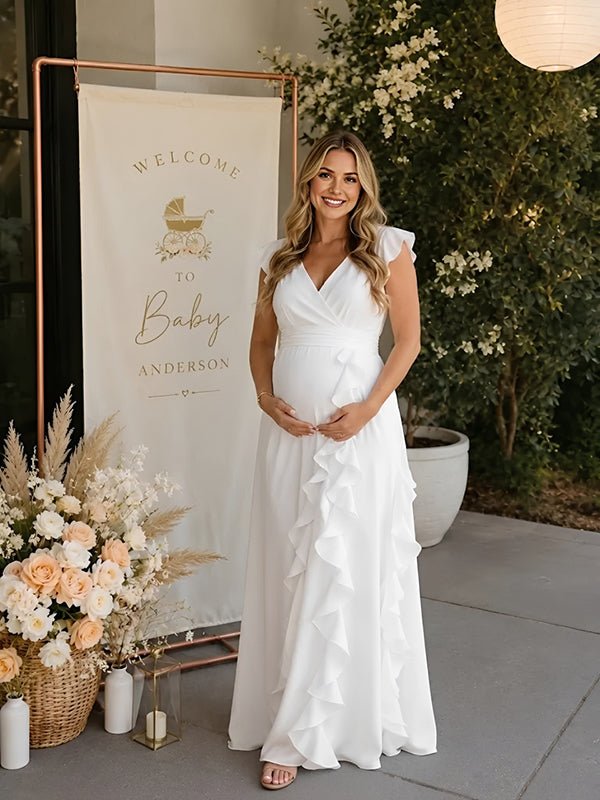 Momyknows Elegant Falbala Flowy Irregular Baby Shower Maternity Maxi Dress - White - 1