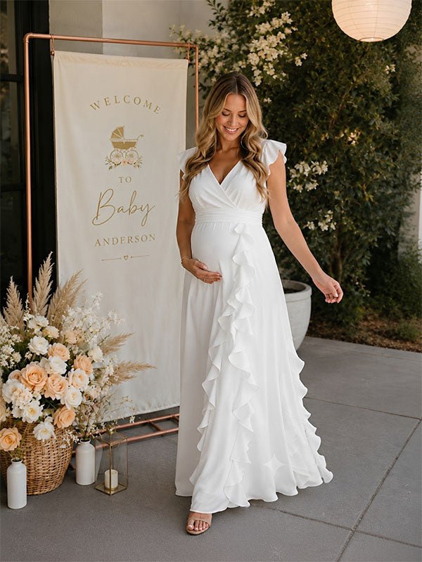 Momyknows Elegant Falbala Flowy Irregular Baby Shower Maternity Maxi Dress - White - 2