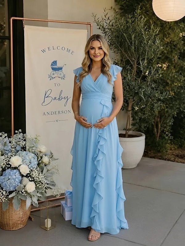 Momyknows Elegant Falbala Flowy Irregular Baby Shower Maternity Maxi Dress - Blue - 3