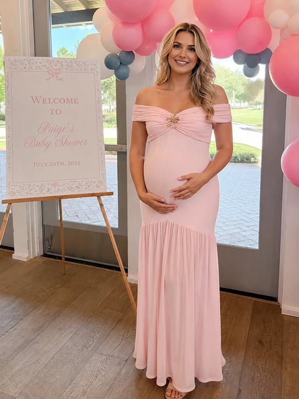 Momyknows Pink Elegant Off Shoulder Splicing Baby Shower Maternity Maxi Dress - Pink - 1