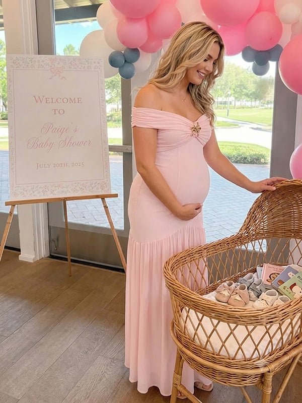 Momyknows Pink Elegant Off Shoulder Splicing Baby Shower Maternity Maxi Dress - Pink - 2