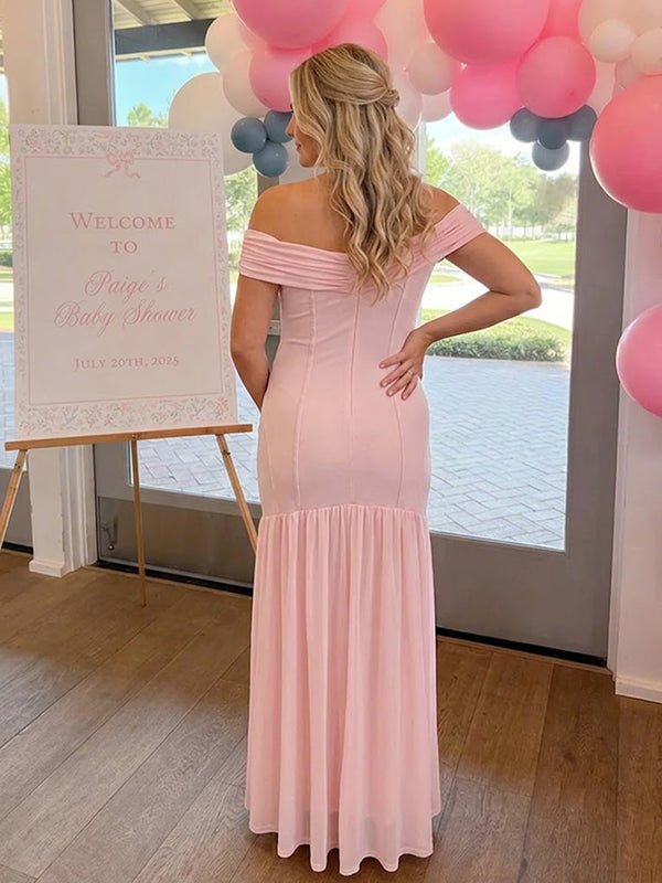 Momyknows Pink Elegant Off Shoulder Splicing Baby Shower Maternity Maxi Dress - Pink - 3