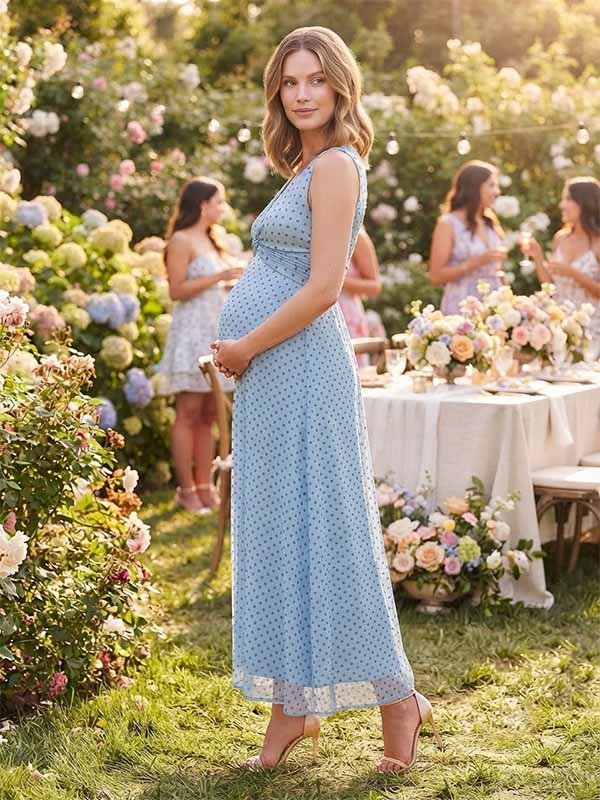 Momyknows Chic Blue Polka Dot Mesh Knot A-Line Flowy Baby Shower Maternity Maxi Dress, Blue / M