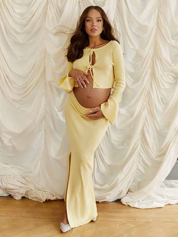 Momyknows Chic Baby Shower 2-in-1 Crochet Side Slit Lace Up Photoshoot Maternity Maxi Dress - Yellow - 1