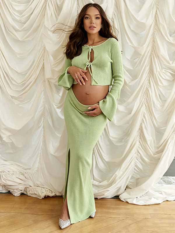 Momyknows Chic Baby Shower 2-in-1 Crochet Side Slit Lace Up Photoshoot Maternity Maxi Dress - Green - 6